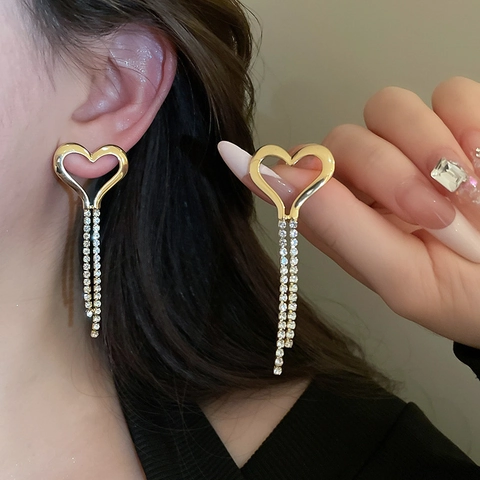 Legierung Strass Herz Quaste Ohrringe Mit Silbernem Ohrstecker Lange Drop Dangle Für Frauen Trendiger Eleganter Schmuck