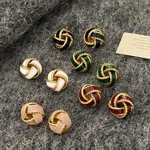 French Retro Knot Stud Earrings Gold Plated Enamel Twisted Rope Elegant Jewelry Accessory For Women