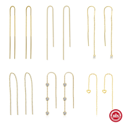 925 Sterling Silver Long Tassel Ear Thread Earrings For Women Zirconia Heart Geometric Chain Drop Earrings Jewelry