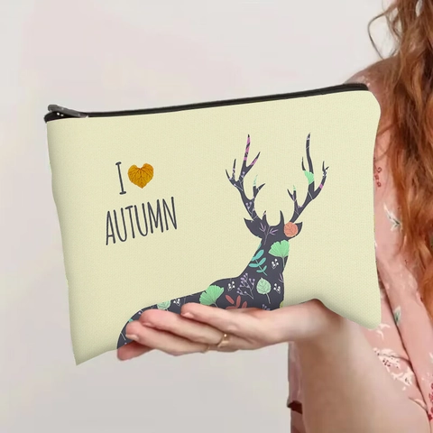 Trousse De Maquillage Imprimé Élan D'automne Pochette En Toile Organisateur De Toilette De Voyage Fermeture Éclair