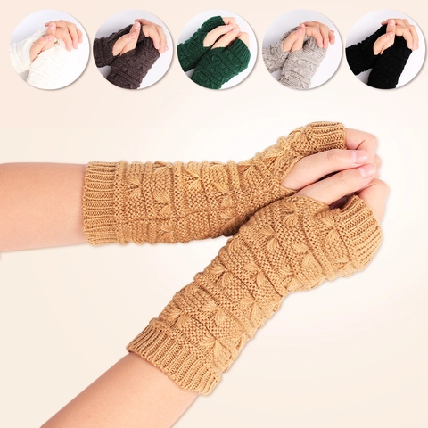 Damen Strickhandschuhe Fingerlos Zopfmuster Armstulpen Acryl Dick Warm Einfarbig Winter Stulpen Daumenloch
