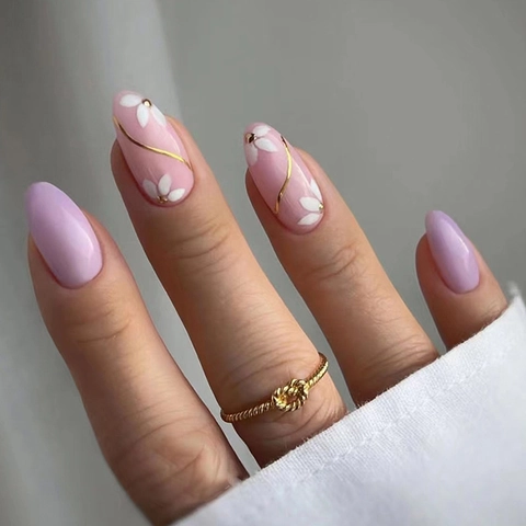 Press On Nägel Lang Mandel Stiletto Lavendel Lila Blumen Design Elegant Frisch Glänzend Künstliche Nägel