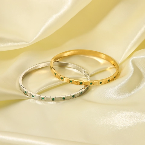 Minimalist Stainless Steel Emerald Green Rhinestone Bangle Bracelet For Women Geometric Inlaid Fashion Jewelry Hand Accessory