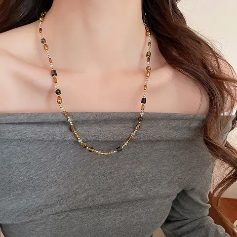 Collana Di Perline Occhio Di Tigre Vintage Stile Meillard Retrò Gioielli Catena Lunga Con Perline In Rame E Vetro