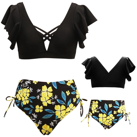 Damen Mädchen Mommy And Me Bikini Oberteil Und Hose Hohe Taille Rüschen V Ausschnitt Nylon Punkte Tropischer Blumendruck