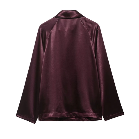 Chaqueta Camisera de Satén para Mujer Manga Larga Sola Fila de Botones Ajuste Holgado Blusa de Color Sólido Casual Ropa de Abrigo con Solapa
