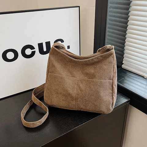 Corduroy Tote Bag Large Capacity Crossbody Shoulder Bags Retro Casual Solid Color Adjustable Strap For Women Daily Use