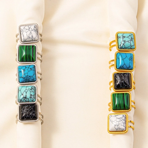 Retro Square Faux Stone Ring Stainless Steel Adjustable Open Band Geometric Minimalist Jewelry For Women Men