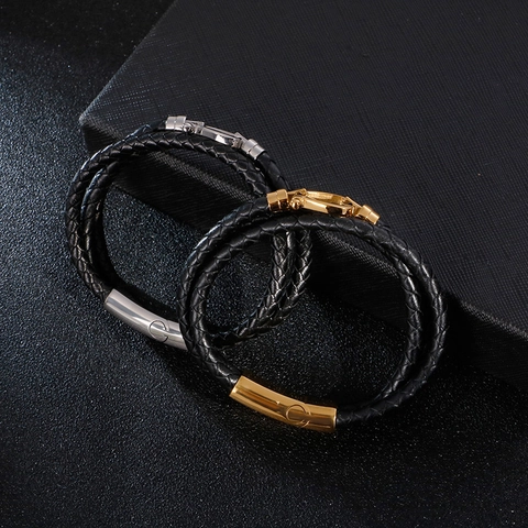 Bracciale Uomo Pelle Intrecciata Con Fibbia Ferro Di Cavallo Acciaio Inossidabile Multi Strato Stile Punk Gioielli
