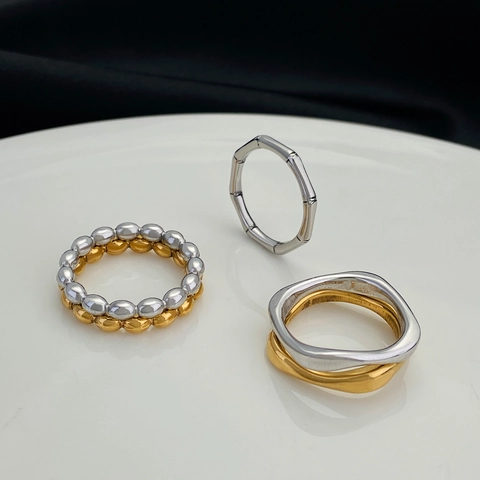 Anelli Geometrici Acciaio Inossidabile Donna Bambù Perline Onda Irregolare Gioielli Moda Minimalista