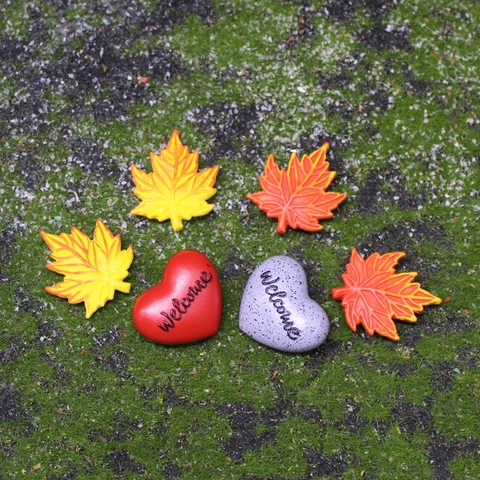 Miniature Fairy Garden Resin Ornaments Welcome Heart Shape And Maple Leaves Micro Landscape Decor For DIY Terrarium Home