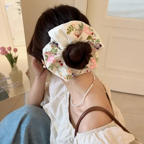 Bestickte Frucht Blumen Satin Scrunchies Koreanisch Süße Elastische Haargummis Pferdeschwanz Halter Für Frauen Mädchen