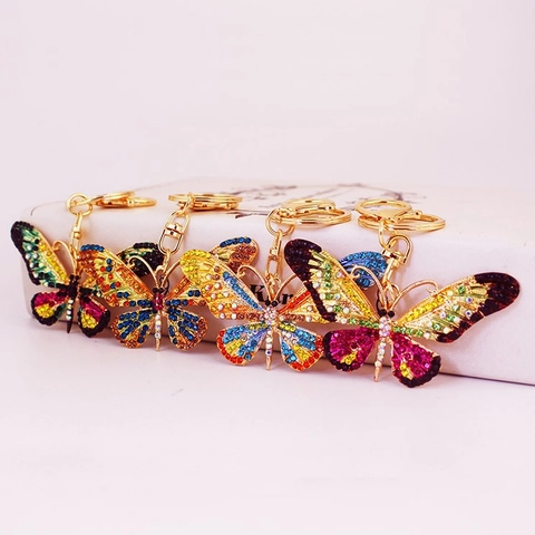 Vivid Colorful Rhinestone Butterfly Keychain Gold Alloy Enamel Pendant For Women Bag Charm Car Key Ring Accessories Gift