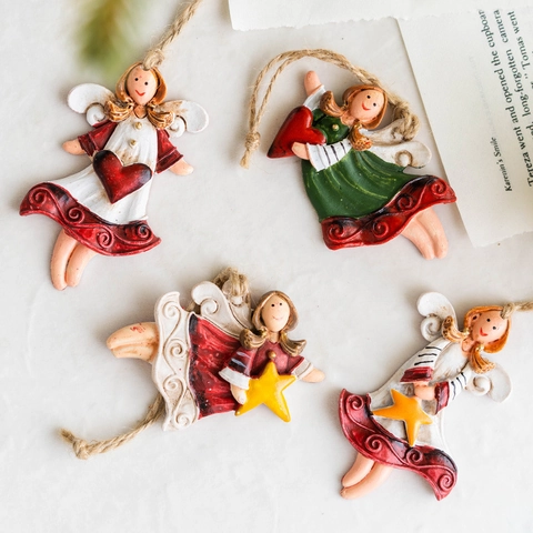 Christmas Angel Ornaments Resin Retro Country Style Hanging Pendants For Holiday Tree Decoration Vintage Hand Painted