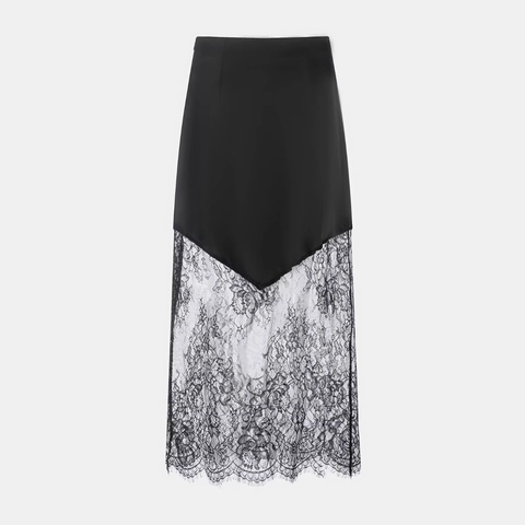 Women Satin Lace Patchwork Maxi Skirt High Waist Elegant Long Skirts Streetwear Sexy Fashion