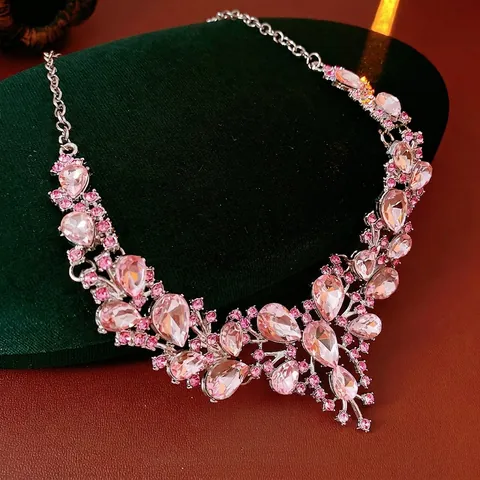 Collana Vintage Con Strass Rosa Fiori Goccia D'acqua Lega Lusso Gioielli Di Dichiarazione Per Donne Matrimonio Festa