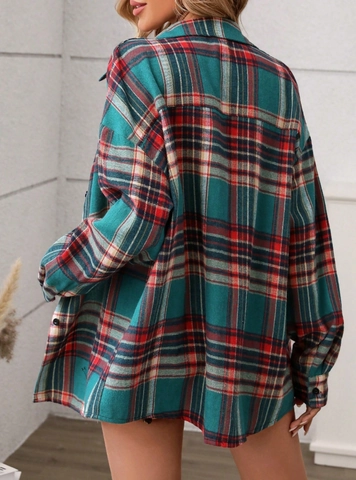 Dames Retro Geruite Overhemd Lange Mouwen Katoen Polyester Losse Pasvorm Casual Blouse Revers Top