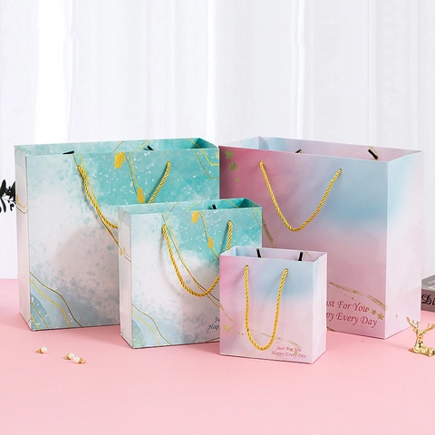Gradient Marble Gift Bag Thick Cardboard Handbag With Gold Stamped Letters And Twisted Rope Handle For Wedding Birthday