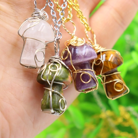 Handmade Wire Wrapped Mushroom Pendant Necklace Natural Crystal Stone Healing Quartz Forest Style Women Jewelry