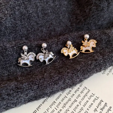 Rocking Horse Stud Earrings With Silver Earring Post Alloy Zircon Shell Inlay Faux Artificial Pearl Animal Jewelry