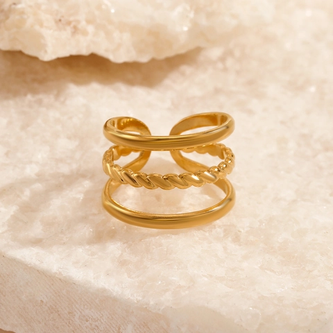 Stainless Steel Ring For Women Triple Layer Twist Rope Minimalist Adjustable Open Ring 18K Gold Plated Fashion Niche Design