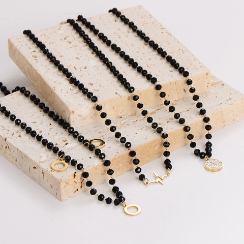 Anhänger Halskette Schwarze Facettierte Glasperlen Vergoldeter Edelstahl EKG Herz Unendlichkeit Kreis Schmuck Für Frauen
