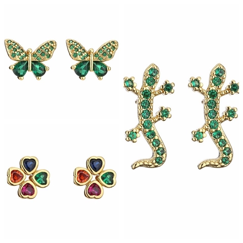 Orecchini Rame Zircone Colorato Animale Farfalla Lucertola Trifoglio Amore Cuore Gioielli Moda Per Donne