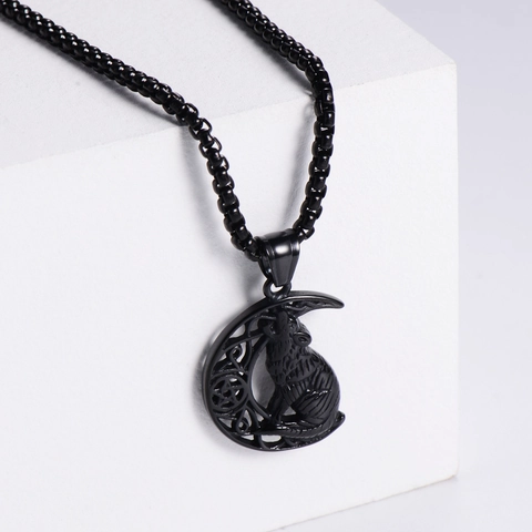 Wolf Moon Pendant Necklace 304 Stainless Steel Viking Nordic Punk Gothic Hollow Out Pentagram Jewelry For Men Women