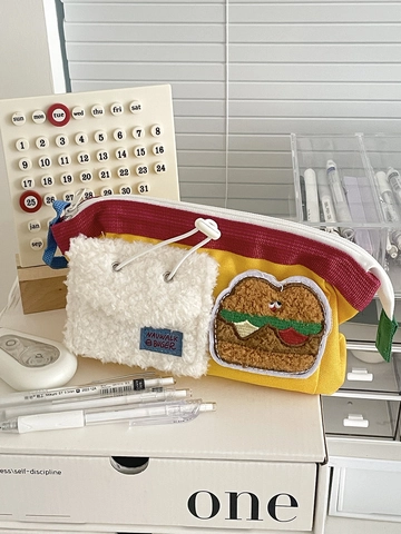 Kawaii Canvas Sherpa Pencil Case Large Capacity Stationery Pouch Cartoon Burger Pizza Patch Desktop Organizer For Students