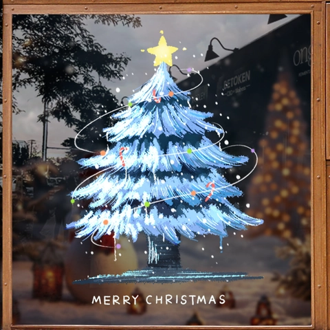 Christmas Tree Window Sticker Blue PVC Static Cling Double Sided UV Printed Glue Free Removable Holiday Decor For Glass