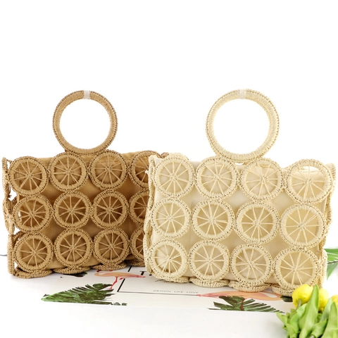 Hand-Woven Paper Rope Handbag Summer Beach Straw Style Tote Hollow Round Pattern Circular Handle Vacation For Women