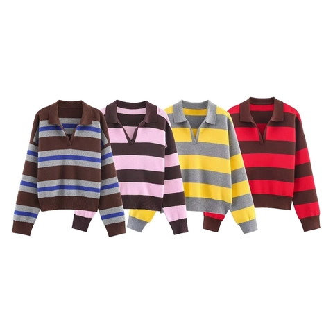 Pull En Tricot Rayé À Col Polo Pour Femmes Rétro Preppy Coupe Ample Manches Longues Polyester Acrylique