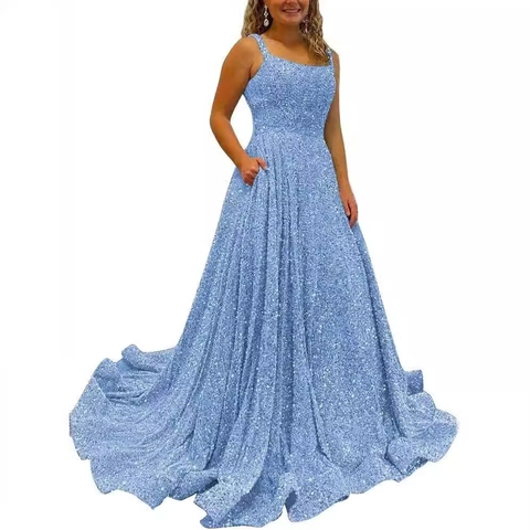 Sequin A-Line Prom Dress Long Spaghetti Strap Evening Gown With Pockets Floor Length Formal Party Women