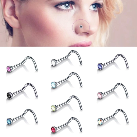 Stainless Steel Nose Studs Colorful Rhinestone S-Shape L-Shape Screw Bone Piercing Body Jewelry For Women Men
