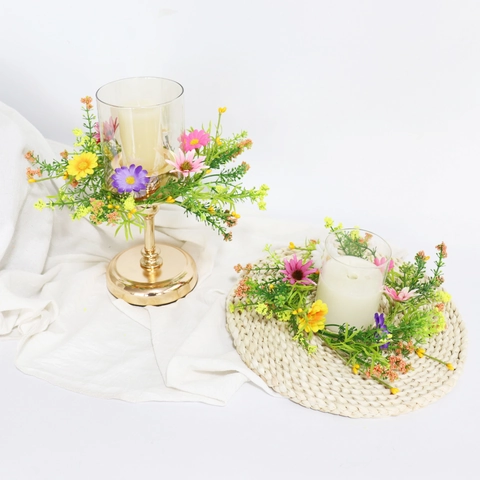 Artificial Daisy Candle Ring Satin Plastic Flower Garland For Wedding Party Table Centerpiece Colorful Floral Decor