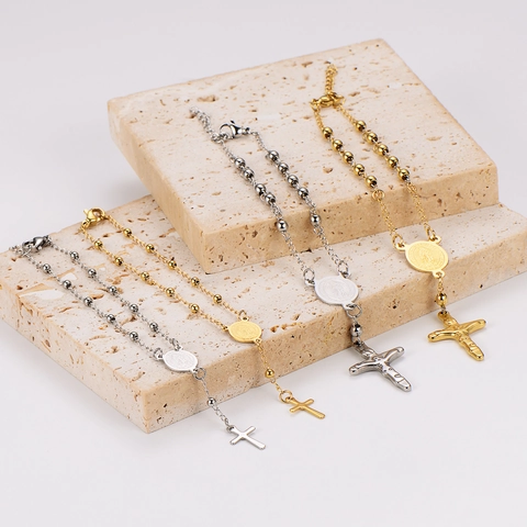 Kruis Hanger Armband 18K Verguld Roestvrij Staal Religieuze Maagd Maria Medaille Kralenketting Voor Heren En Dames Sieraden
