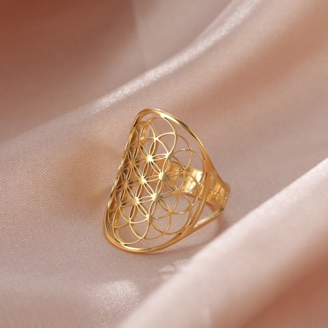 Anello Fiore Della Vita In Acciaio Inossidabile Svuotato Geometrico Regolabile Gioielli Boho Da Donna
