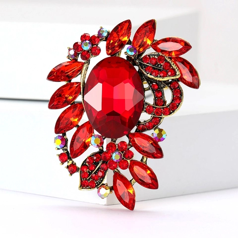 Broche Vintage Para Mujer Aleación Piedra De Vidrio Ovalada Grande Diamante De Imitación Flor Hoja Para Trajes Vestidos