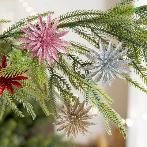 Christmas Glitter Artificial Flowers Shiny Plastic Xmas Tree Hanging Ornaments Holiday Festive Home Decor Party Favors