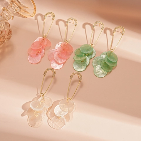 Safety Pin Dangle Earrings Copper Rhinestone Shell Circles And 925 Sterling Silver Earring Post For Women Beach Style