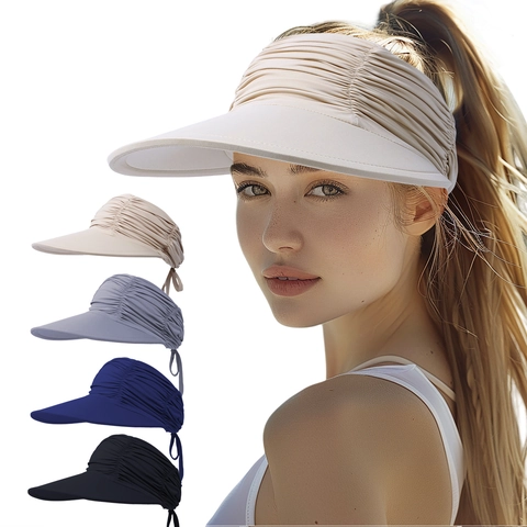 Sun Visor Hat Ruched Empty Top Adjustable Tie Wide Brim Breathable Outdoor Beach Ponytail Friendly Nylon For Women