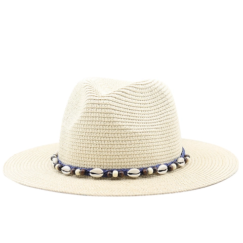 Strooien Panamahoed Schelp Houten Kralen Zonbescherming Strandvakantie Brede Rand Fedora Volwassenen