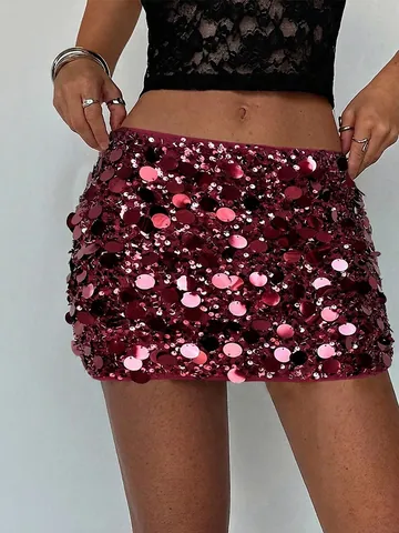 Damen Pailletten Minirock Glänzend Glitzer Körperbetont Ausgehen Club Party Kurzer Bleistiftrock Hohe Taille