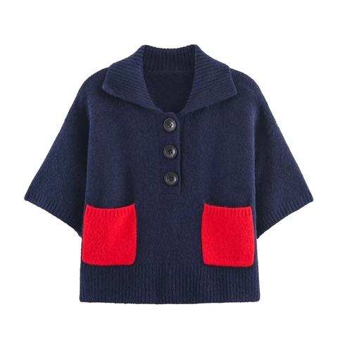 Maglione In Maglia A Maniche Corte Da Donna Tasche Rosse A Contrasto Colletto Polo Finiture A Costine Top Casual Blu Navy