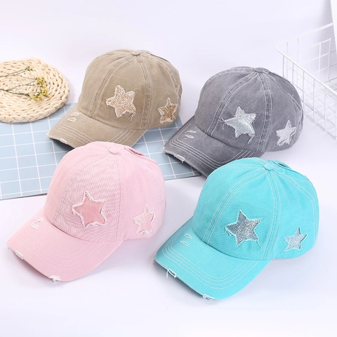 Washed Cotton Baseball Cap Women Sequin Star Patch Distressed Vintage Style Sun Protection Adjustable Peak Hat