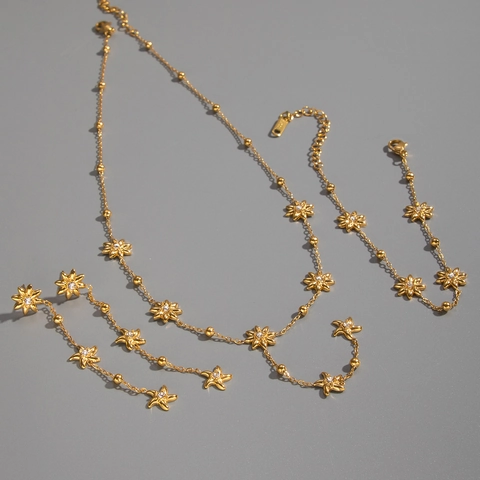 Eight Pointed Star Flower Necklace Bracelet Earrings Stainless Steel 18K Gold Plated Rhinestone Luxury Jewelry For Women