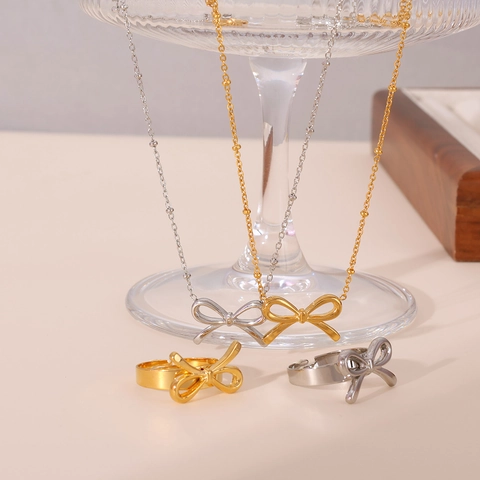 Vintage Edelstahl 18K Vergoldet Schleife Anhänger Halskette Zarte Schleife Knoten Ring Strass Schmuck Für Damen Accessoires