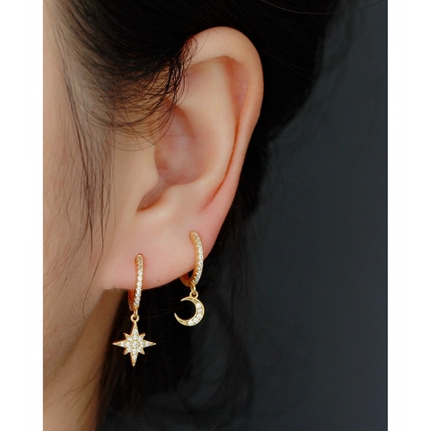 Asymmetrische Stern Mond Huggie Creolen 925 Sterling Silber Ohrstecker Funkelnde Zirkonia Modeschmuck Damen