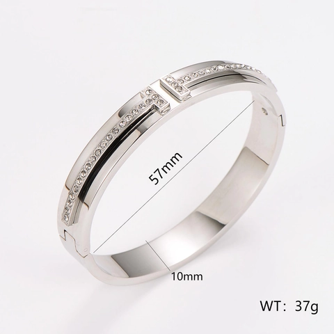 Bracciale Rigido A Doppio Strato A Forma Di T Con Strass Acciaio Inossidabile 304 Fibbia Aperta Gioielli Eleganti