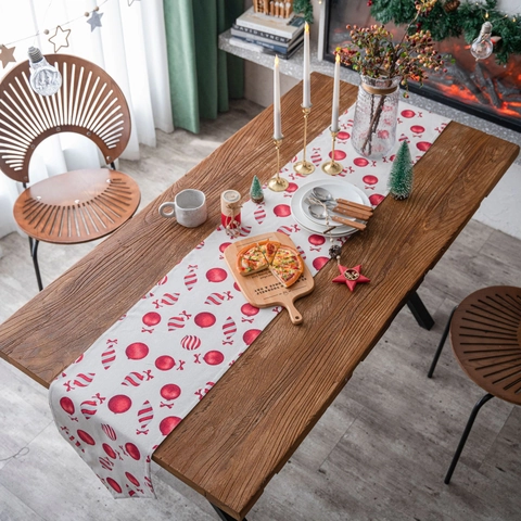 Runner da Tavolo di Natale in Cotone e Lino Doppio Strato Stampato Caramelle Pigna Decorazione Tavola Pranzo Festa